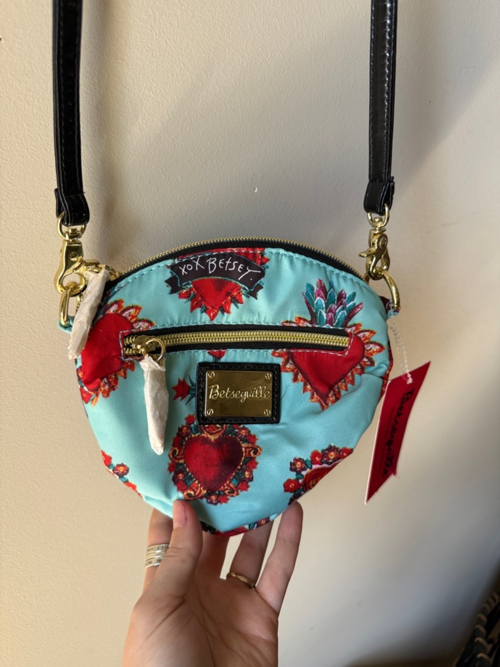 Betsey Johnson Aqua Heart Motif Crossbody Bag with Black Strap